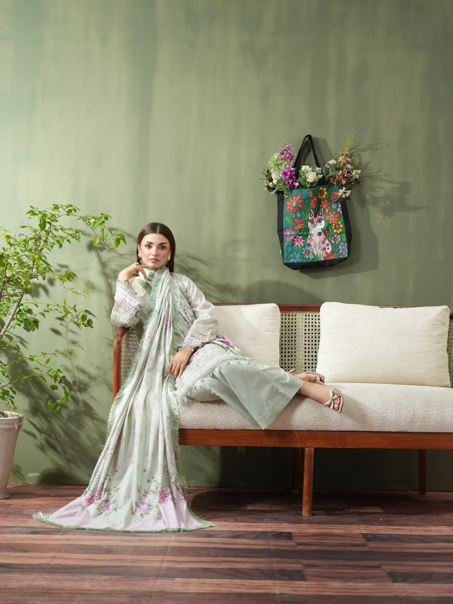 Original Pakistani Mausummery Premium Lawn Stitched 3Pcs _ Mint Beige